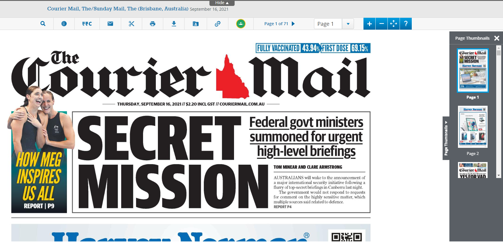 Screen shot of the Currier Mail front page as available through NewsBank in PDF format
