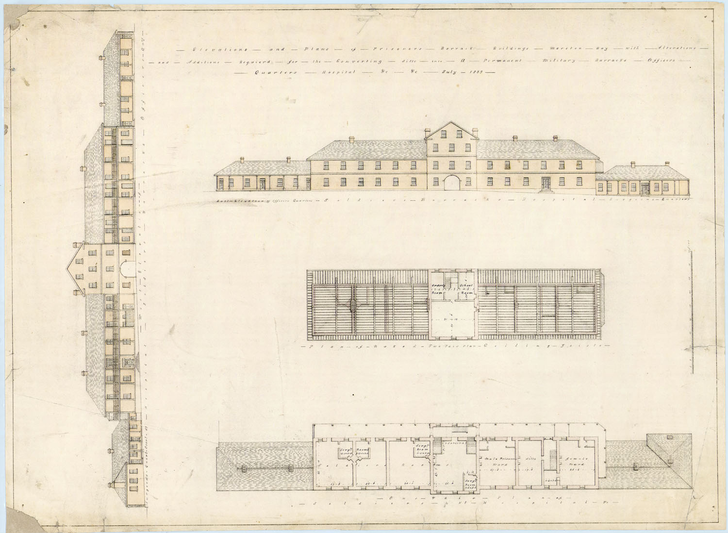 Elevations and plans of Prisoners' Barrack buildings, showing alterations and additions required for the converting the barracks into a permanent Military Barracks, Officers' quarters and hospital, etc, Moreton Bay.