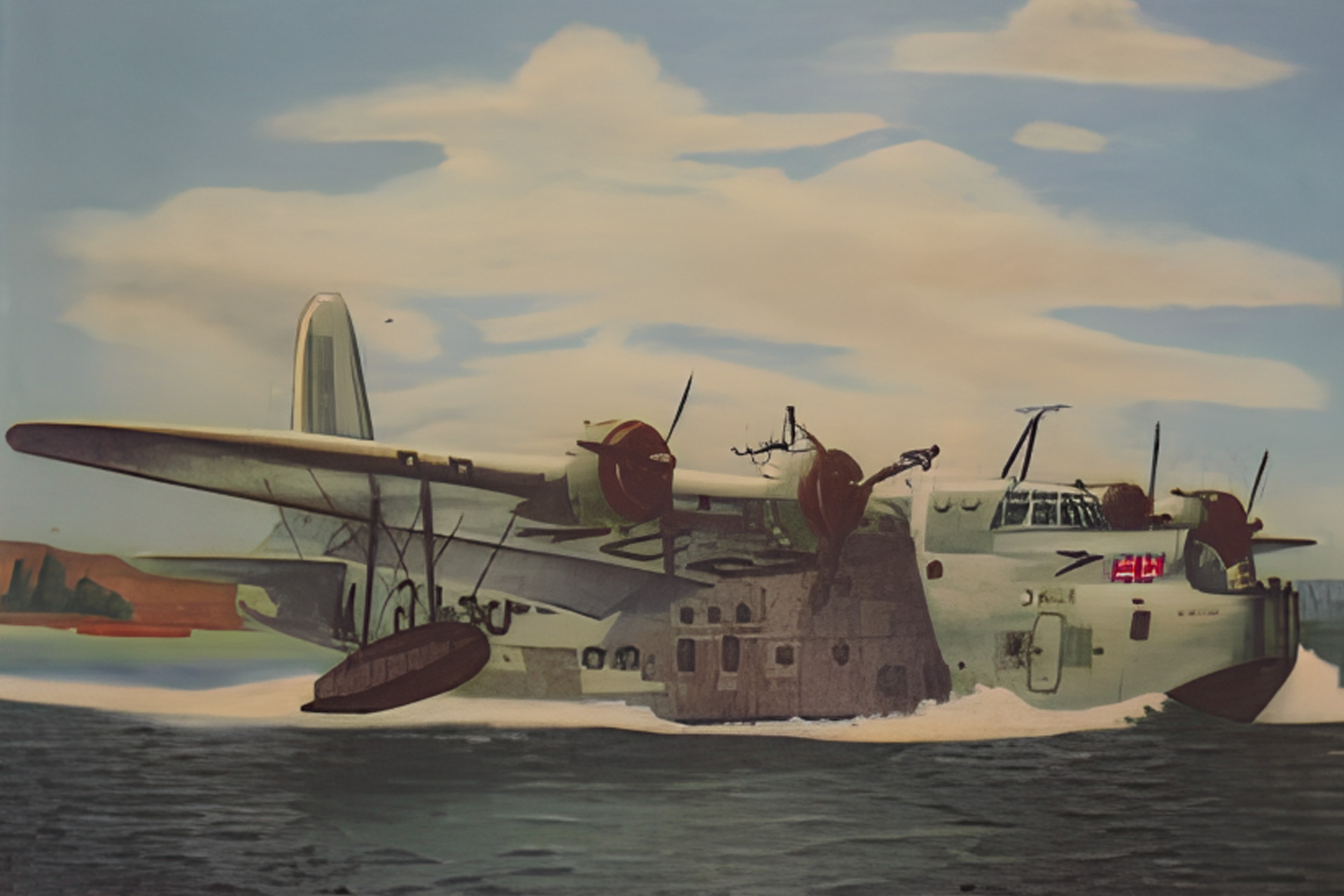 Postcard of a Hyth flying boat landing or taking off from water. Colour illustration
