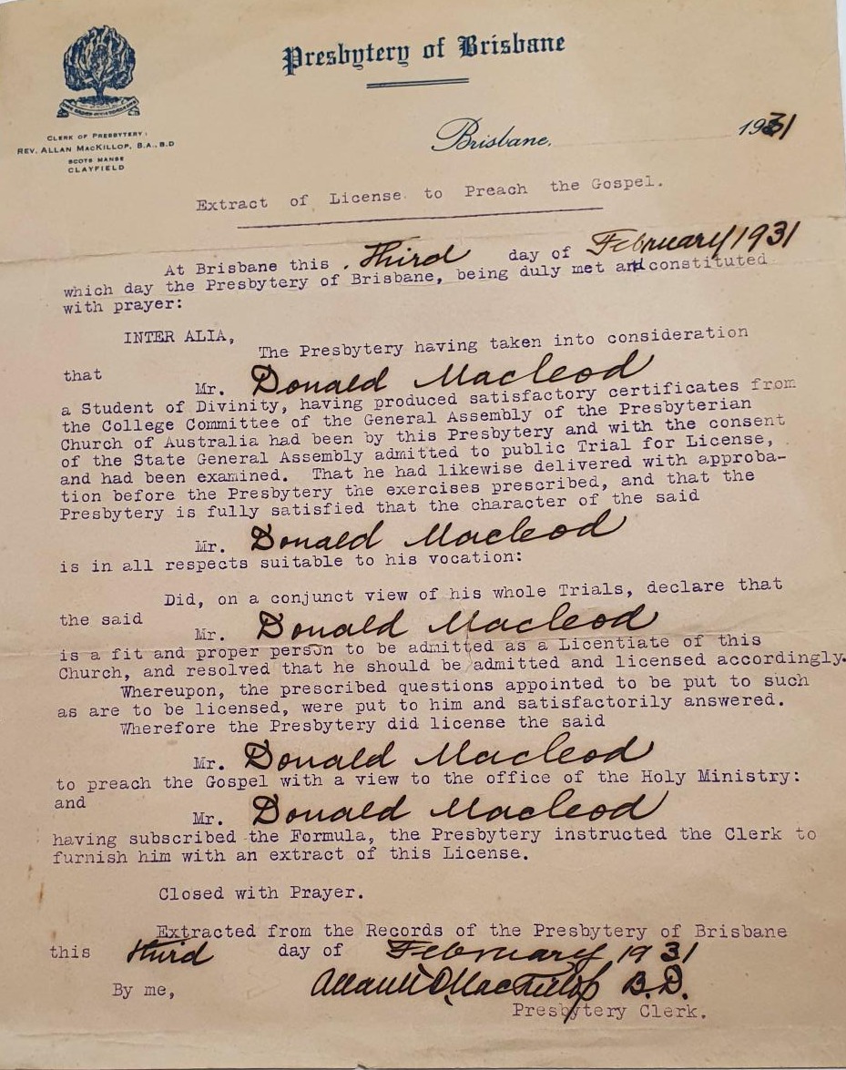 License to Preach the Gospel, Donald Macleod, issued 3 February 1931. 