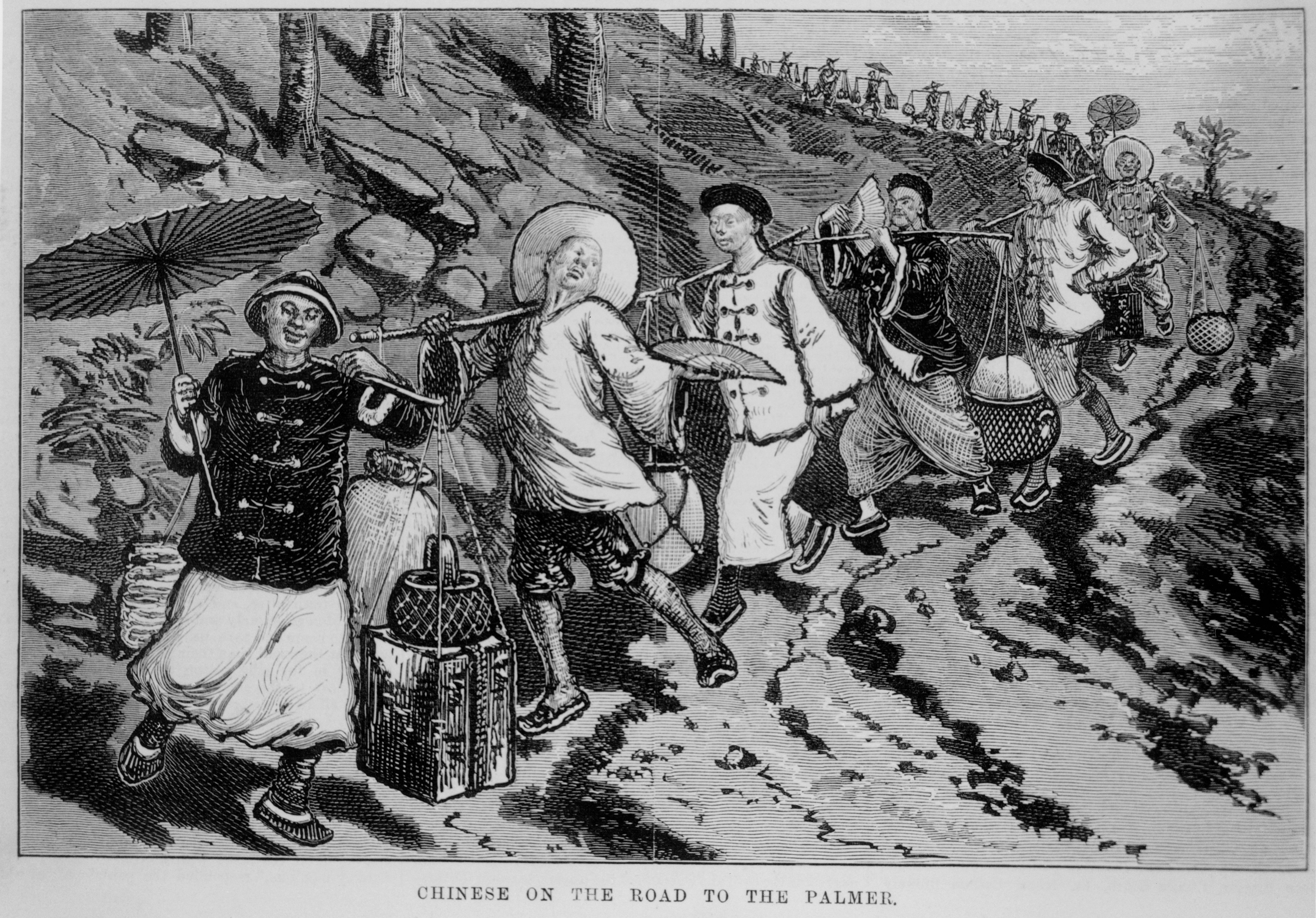 Drawing of Chinese people on the road to the Palmer Goldfield, Queensland, 1875