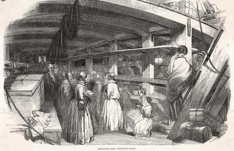 Drawing of people between decks of an emigrant ship, published in The Illustrated London News