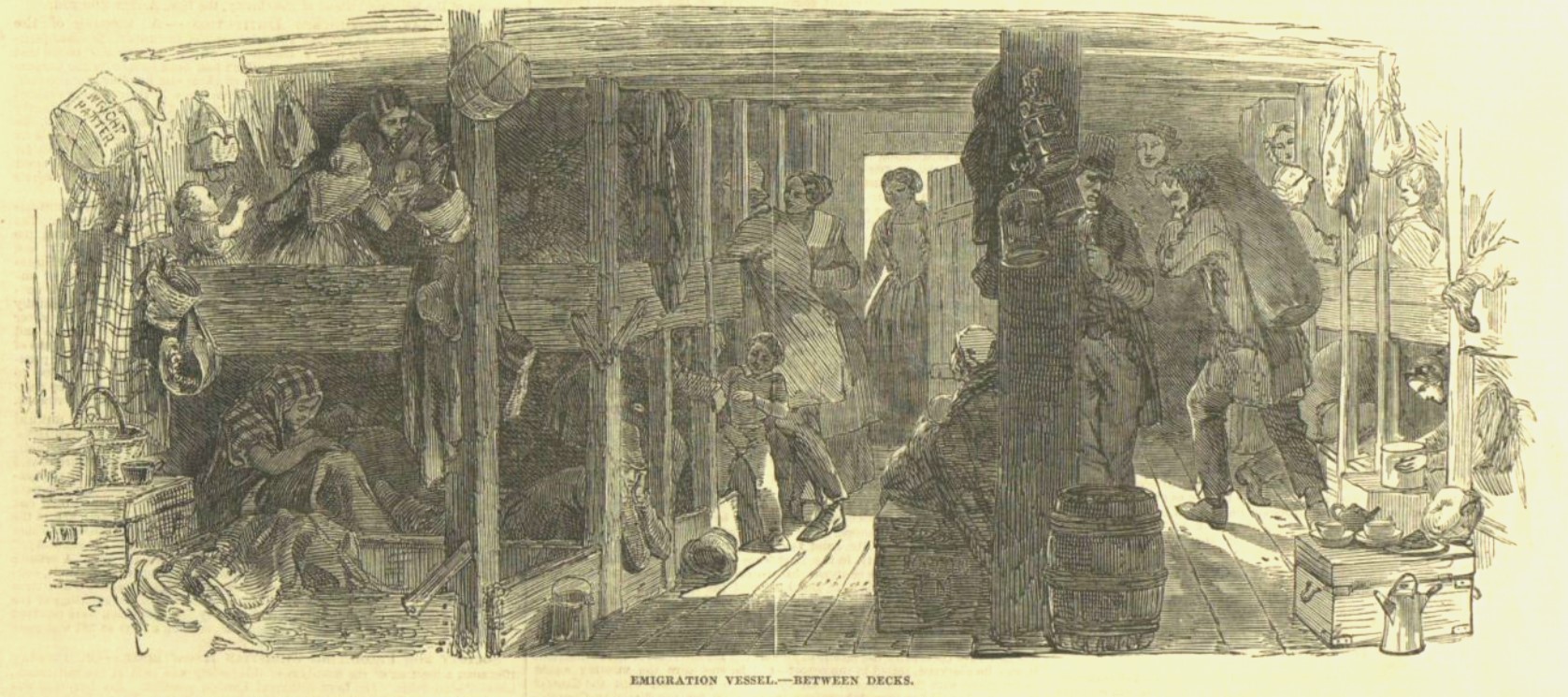 Sketch of between the decks of an emigrant vessel, taken from "Illustrated London News" 10 May 1851, p.387