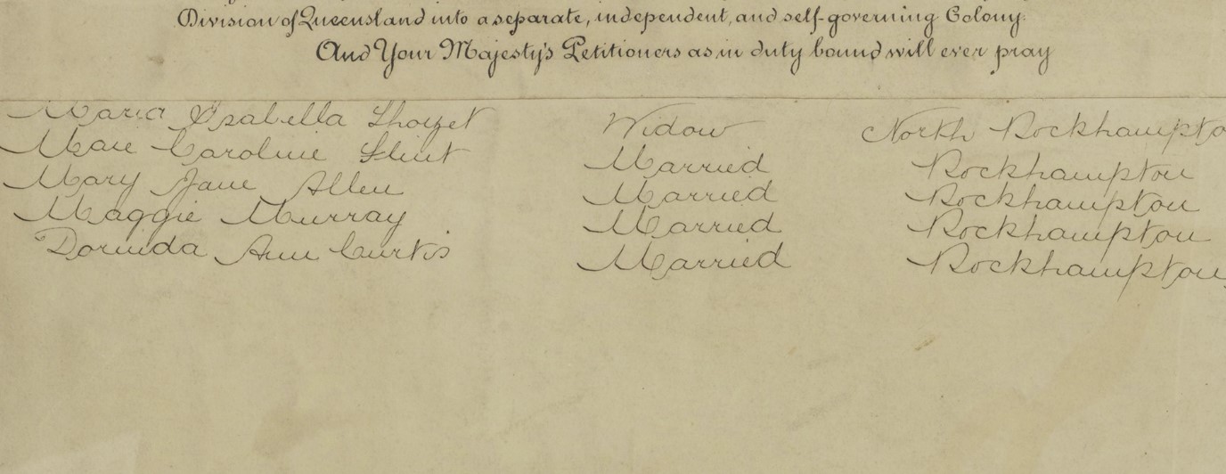 Excerpt from the petition showing the names of several women, marriage status and place of residence. 