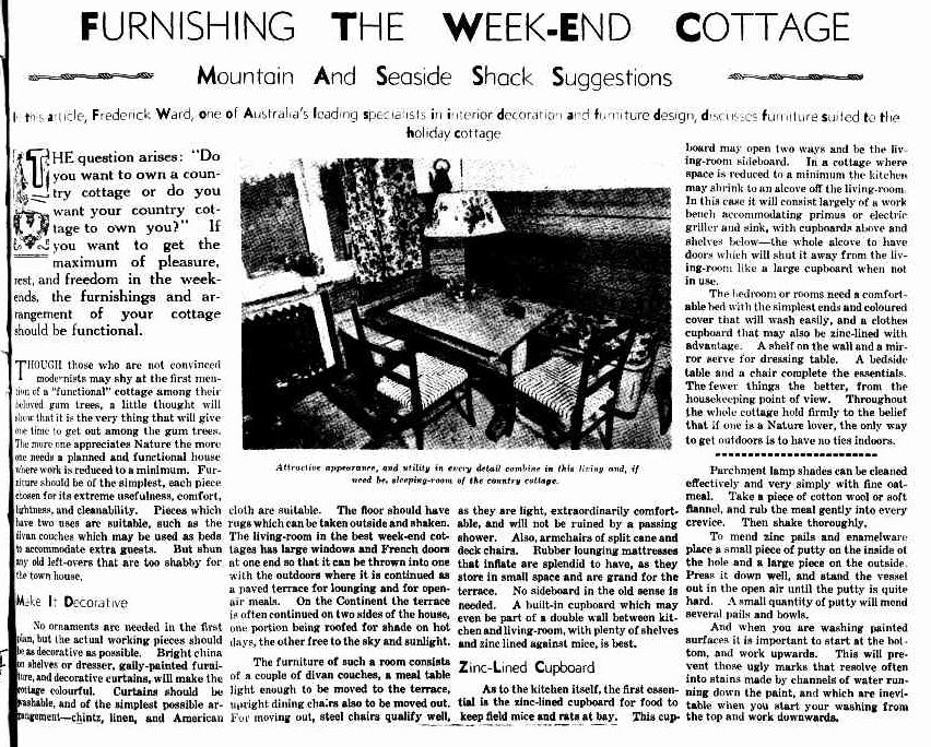 A newspaper article from Trove titled 'Furnishing The Week-End Cottage'
