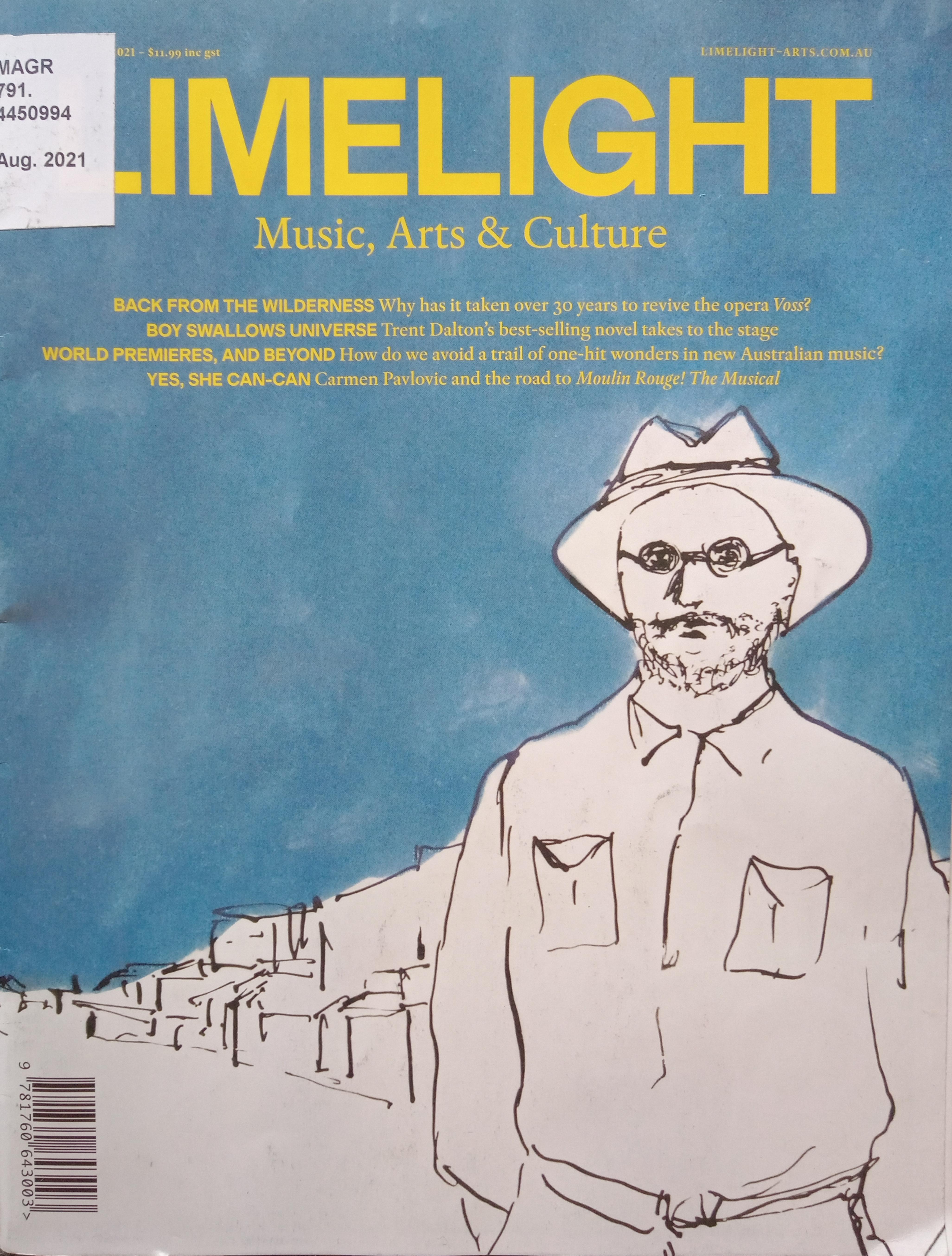 Front cover of "Limelight" magazine with line drawing of a man, August 2021