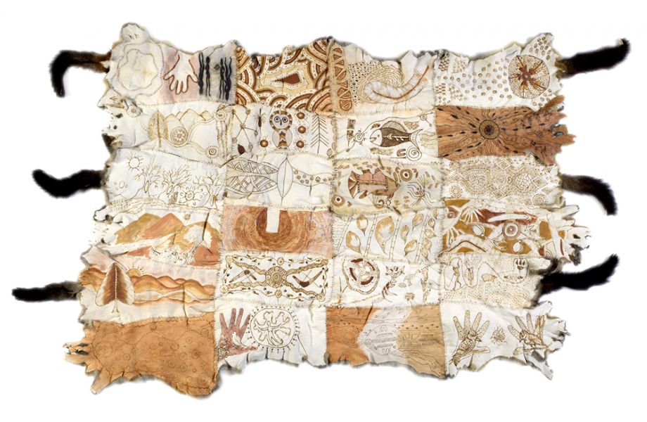 Gold Coast Aboriginal Community, Gold Coast Community Cloak, 2016, natural ochre, binder, thread on possum skins