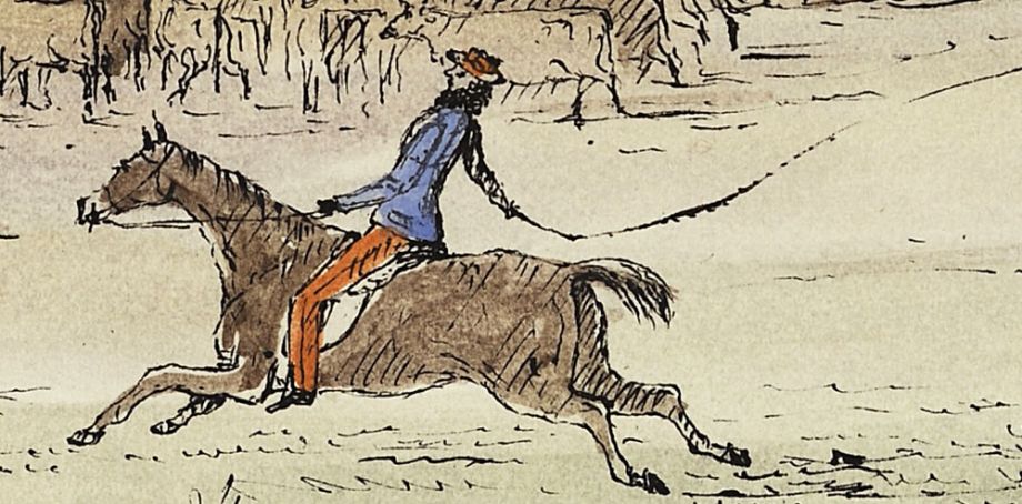 George Knight Erskine Fairholme (1822–1889), Australia. Driving in the herd (Detail), c.1845 [No. 1] Hand-coloured lithograph, John Oxley Library, State Library of Queensland ACC: 5753