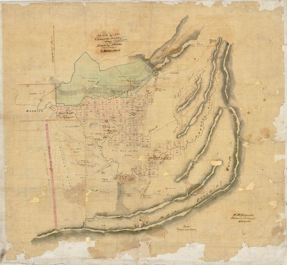William Henry Binsted (1835 ? – 1918), Sketch of the Canning Downs Run on the Darling Downs in the Colony of Queensland, c.1865. Indian ink and watercolour on tracing paper, laid down on cotton. Signed lower right, 'W.H. Binsted Licensed Surveyor Warwick', John Oxley Library, State Library of Queensland, ACC: 6263 