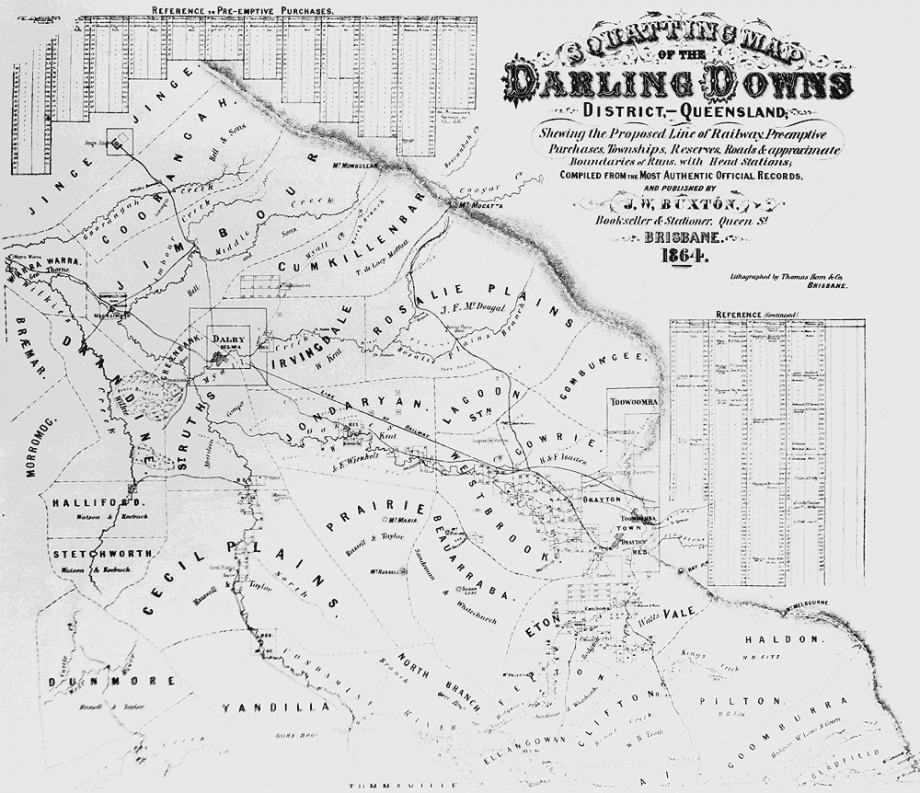 J.W. Buxton (1832-1902), Squatting Map of the Darling Downs District, - Queensland; Shewing the Proposed Line of Railway, Pre-emptive Purchases, Townships, Reserves, Roads & approximate boundaries of Runs, with Head Stations; Brisbane. 1864, 51 x 38cm, Image courtesy of Museum of Lands, Mapping and Surveying, Department of Natural Resources and Mines.John Oxley Library, State Library of Queensland RBM 843.1 1864 00383 E