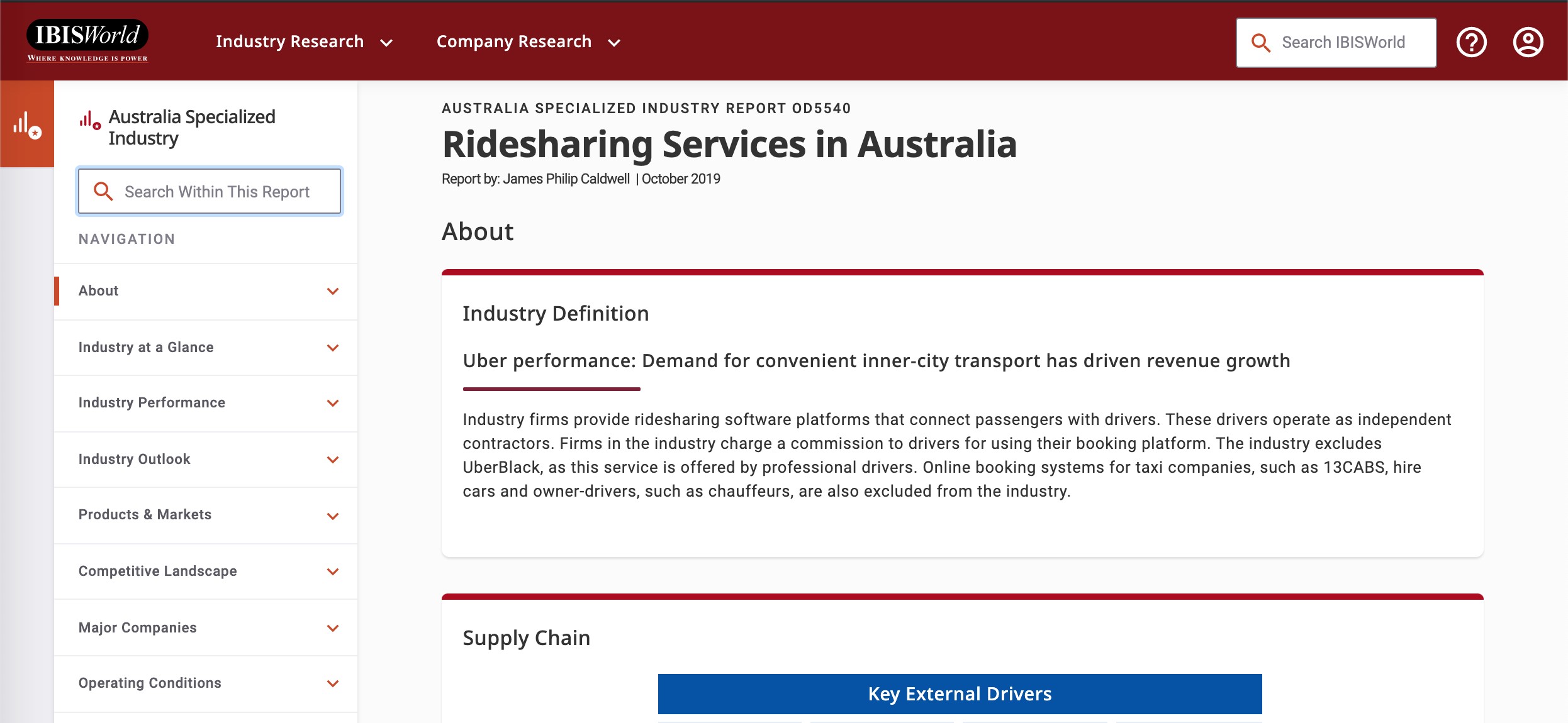 IBISWorld database search for Ridesharing Services in Australia