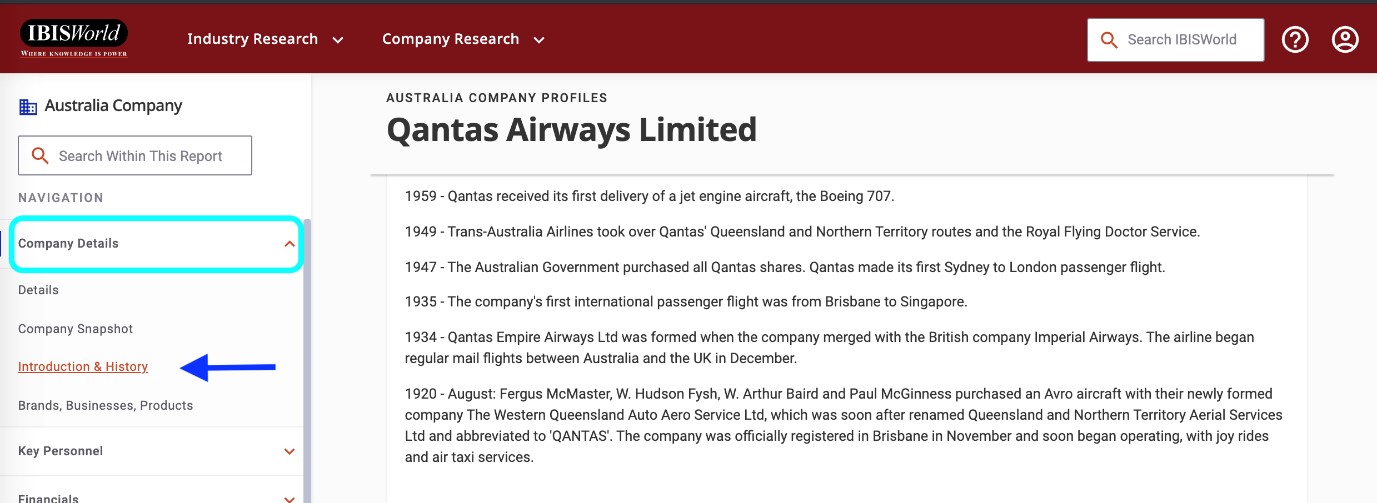 IBISWorld database search for Qantas Airways Limited