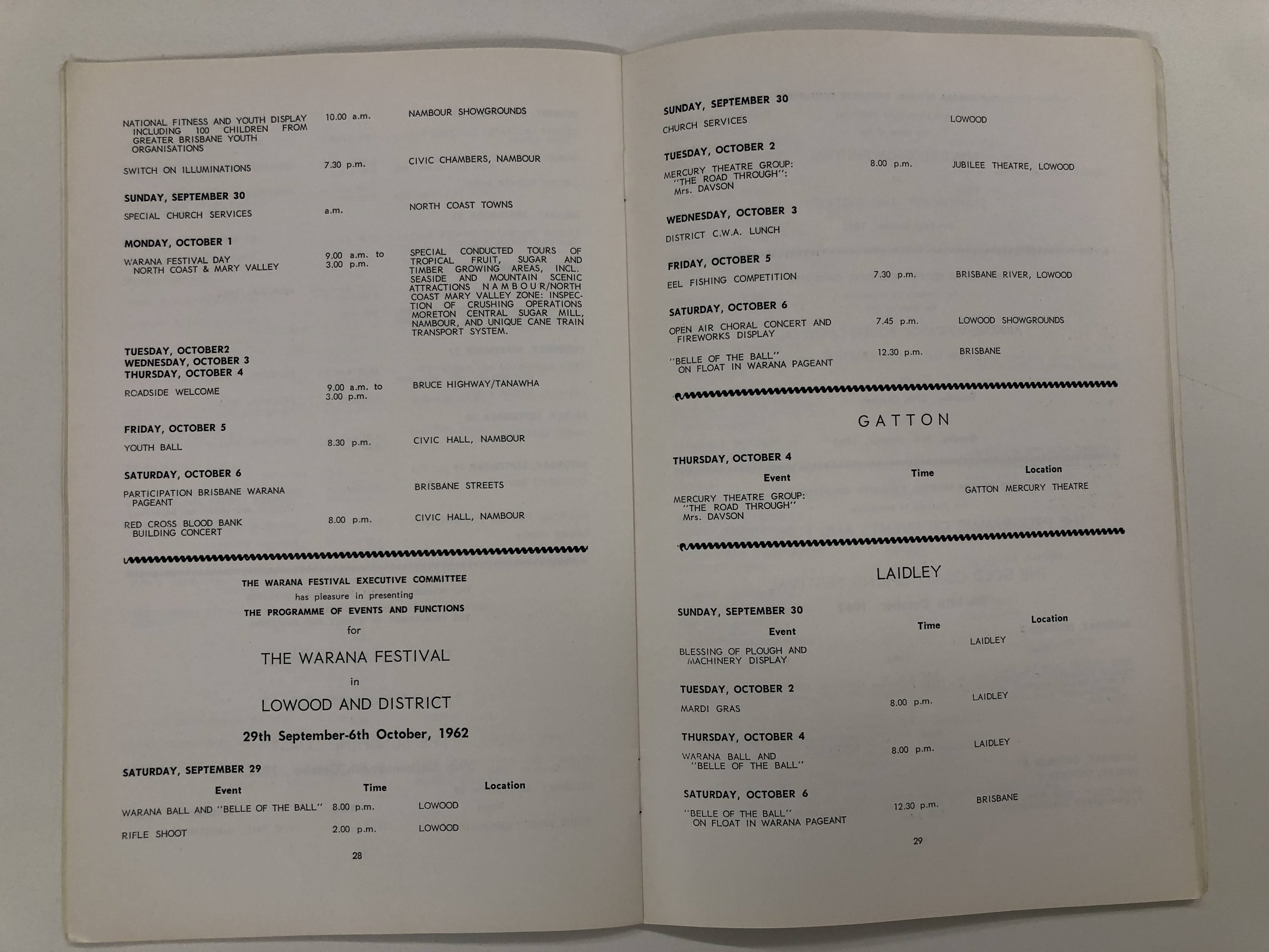Programme of Events, Lowood and District, Warana Festival, 29th September - 6th October 1962.