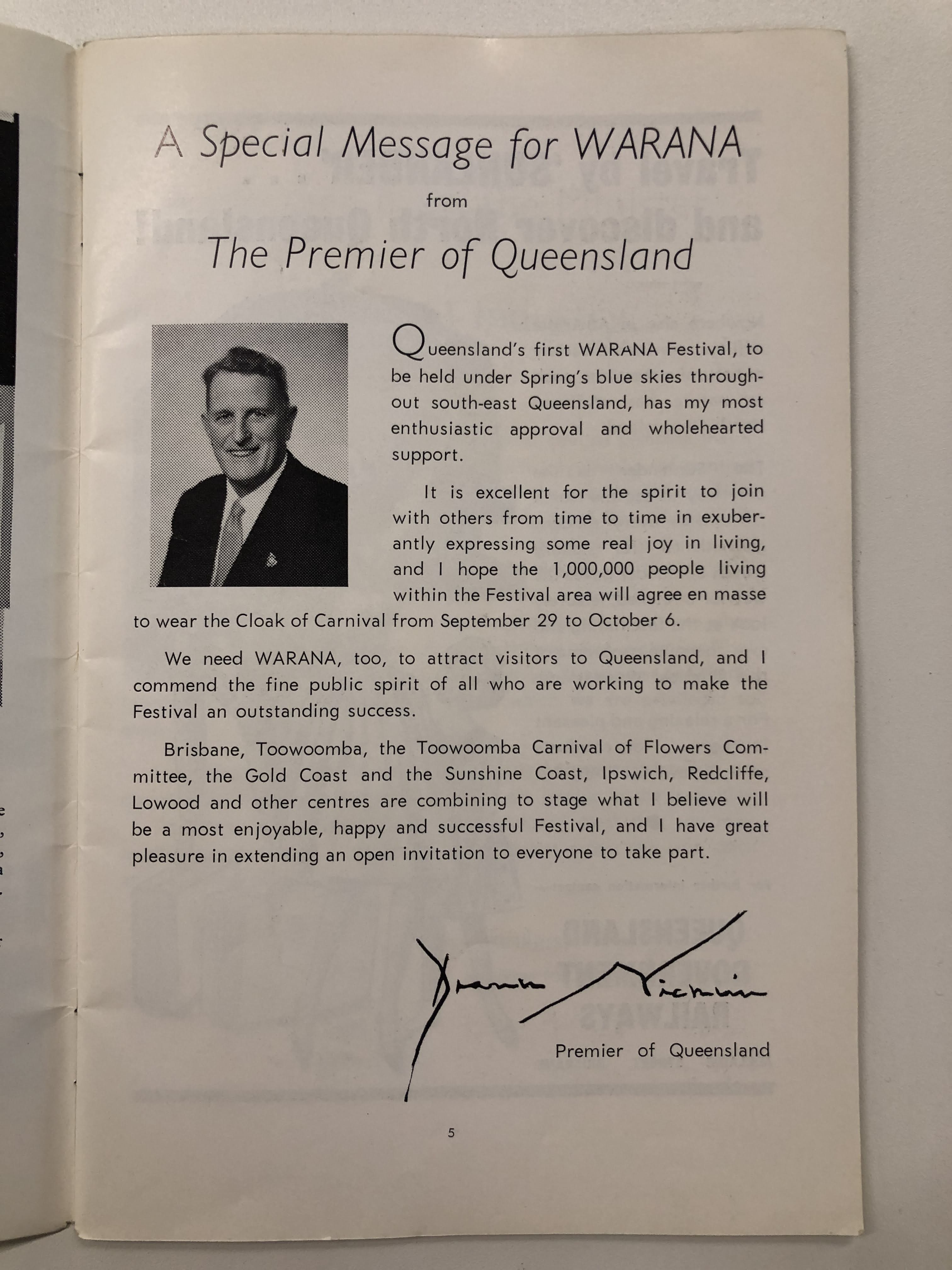 A special Message for Warana from the Premier of Queensland, Frank Nicklin, page 5, 1962 Warana Festival Program. The first Warana Festival.
