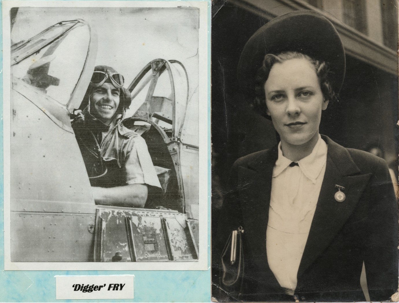 Photo of Charles Fry in the cockpit of WWII RAF plane, and a photo of Beryl Smith