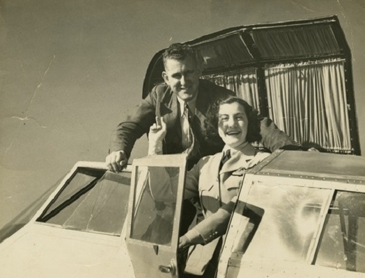 Ivy May Pearce and Ernest Hassard before taking off for the Brisbane to Adelaide air race,1936  Photographer unknown  John Oxley Library, SLQ  MMS ID 99288603402061