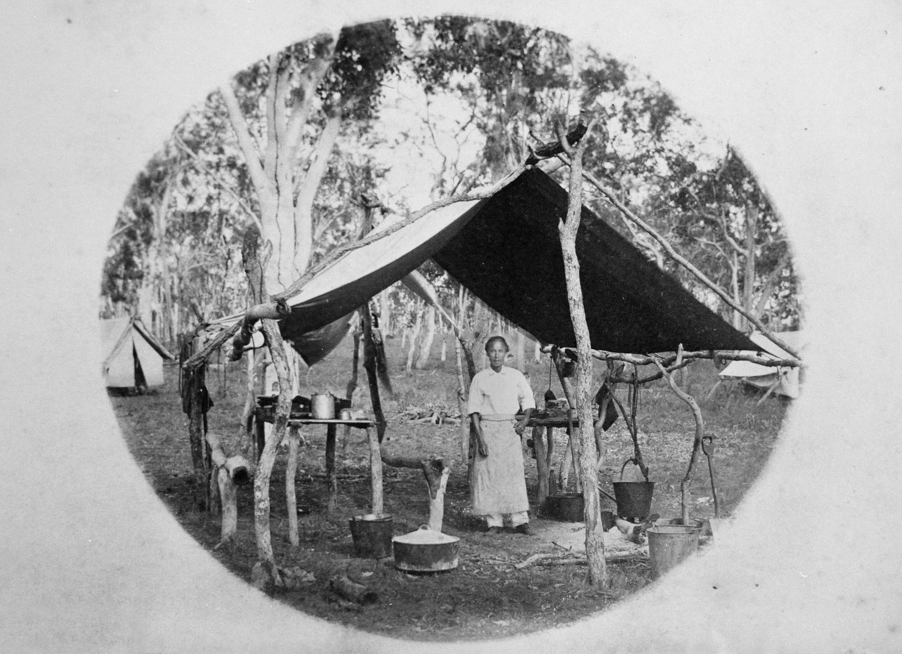 Image of a Chinese cook working in the temporary kitchen of a surveyor's camp, 1886
