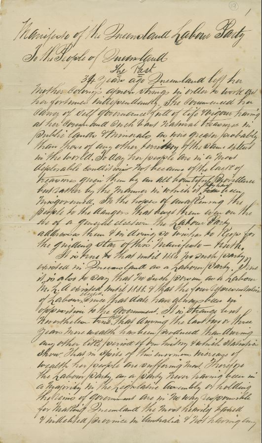 Manifesto of the Queensland Labor Party, 9 Sep 1892, OM69-18/16 - Papers of Charles Seymour. John Oxley Library, State Library of Queensland