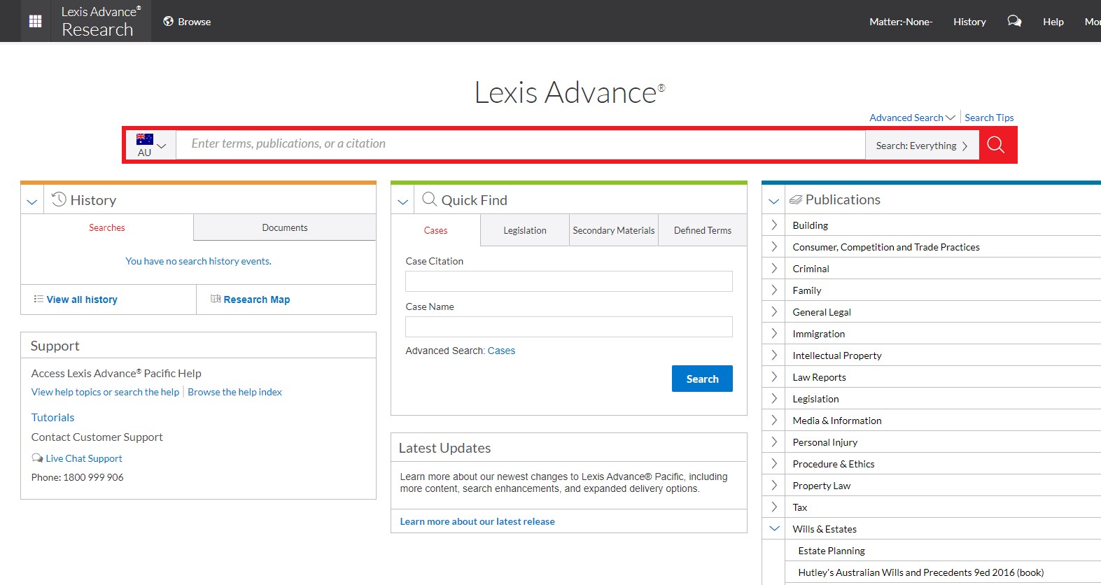 Image of Lexis Advance database home page