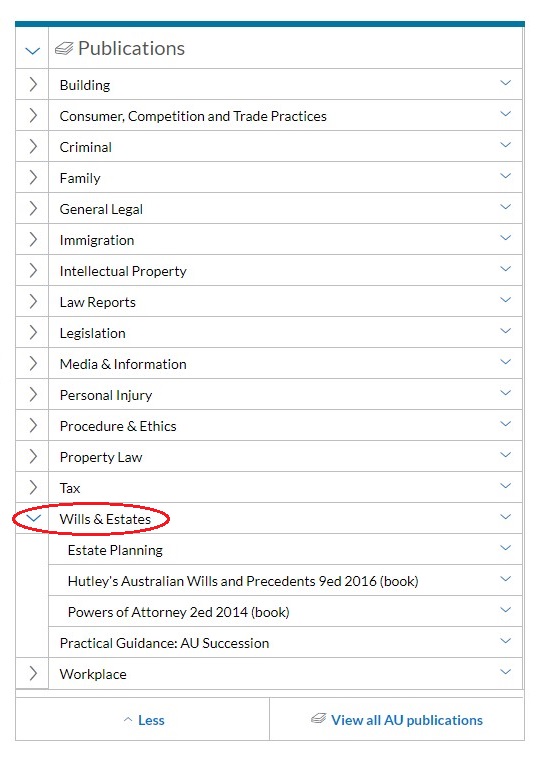 List of publications on available through Lexis Advance database