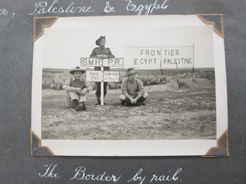 Photograph of Lt Patrick McHugh and mates, taken at the border of Egypt and Palestine during the Second World War