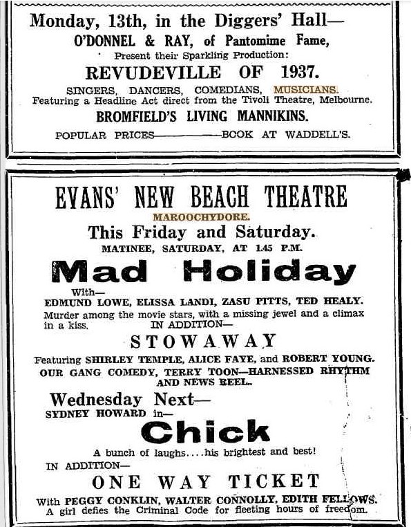 Newspaper advertisement for beach theatre from "The Nambour Chronicle and North Coast Advertiser", 1937.