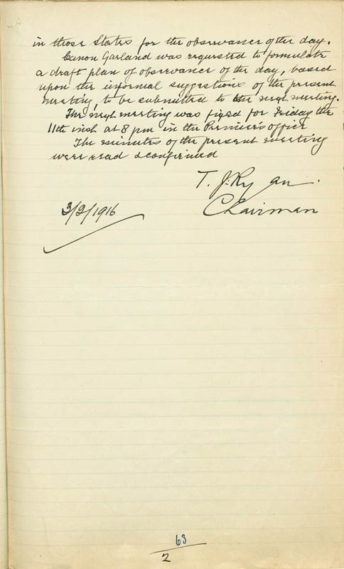 Minutes of the first meeting, signed by Premier T.J.Ryan as Chair of the Committee