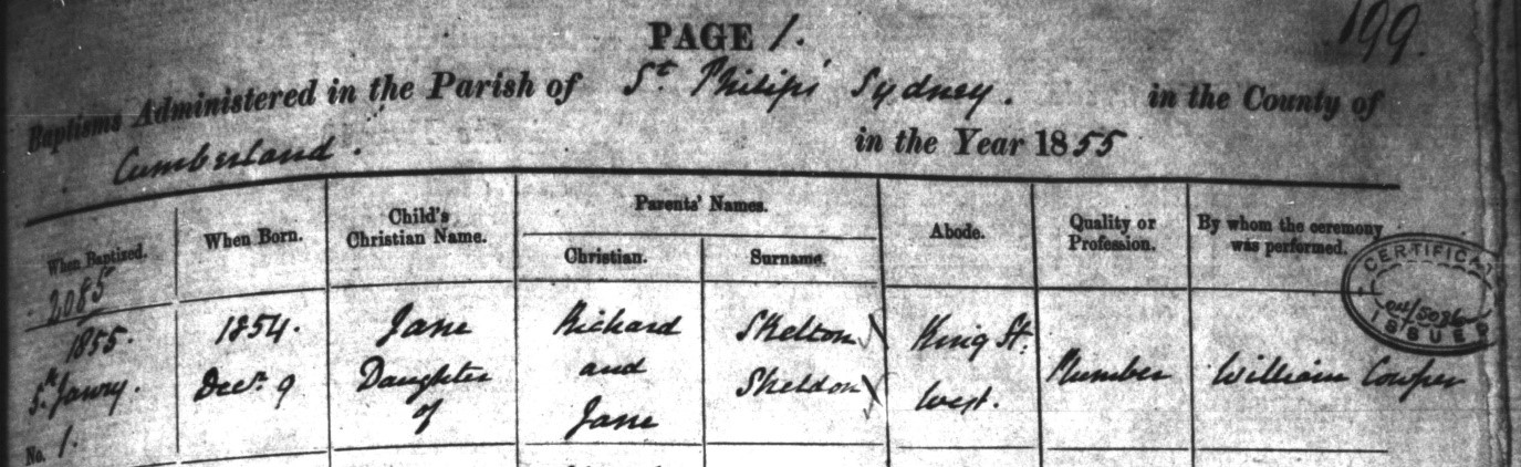 Excerpt from NSW baptism record 1854