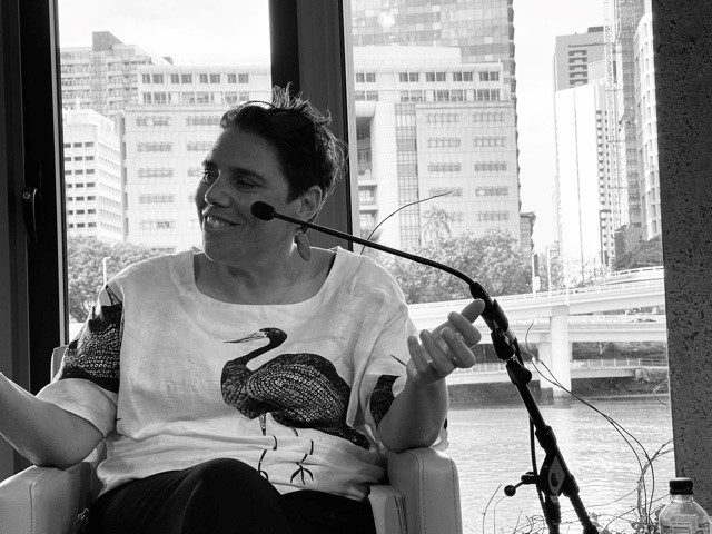 A black and white image of Nardi Simpson speaking at Brisbane Writers Festival 2021. 