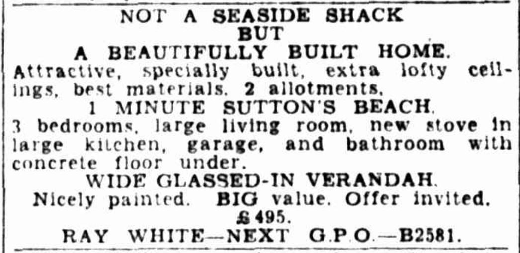 A newspaper article from Trove titled 'Not a seaside shack but a beautifully built home'