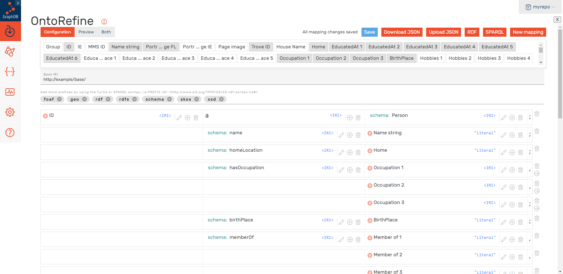 Screenshot of OntoRefine RDF conversion mapping