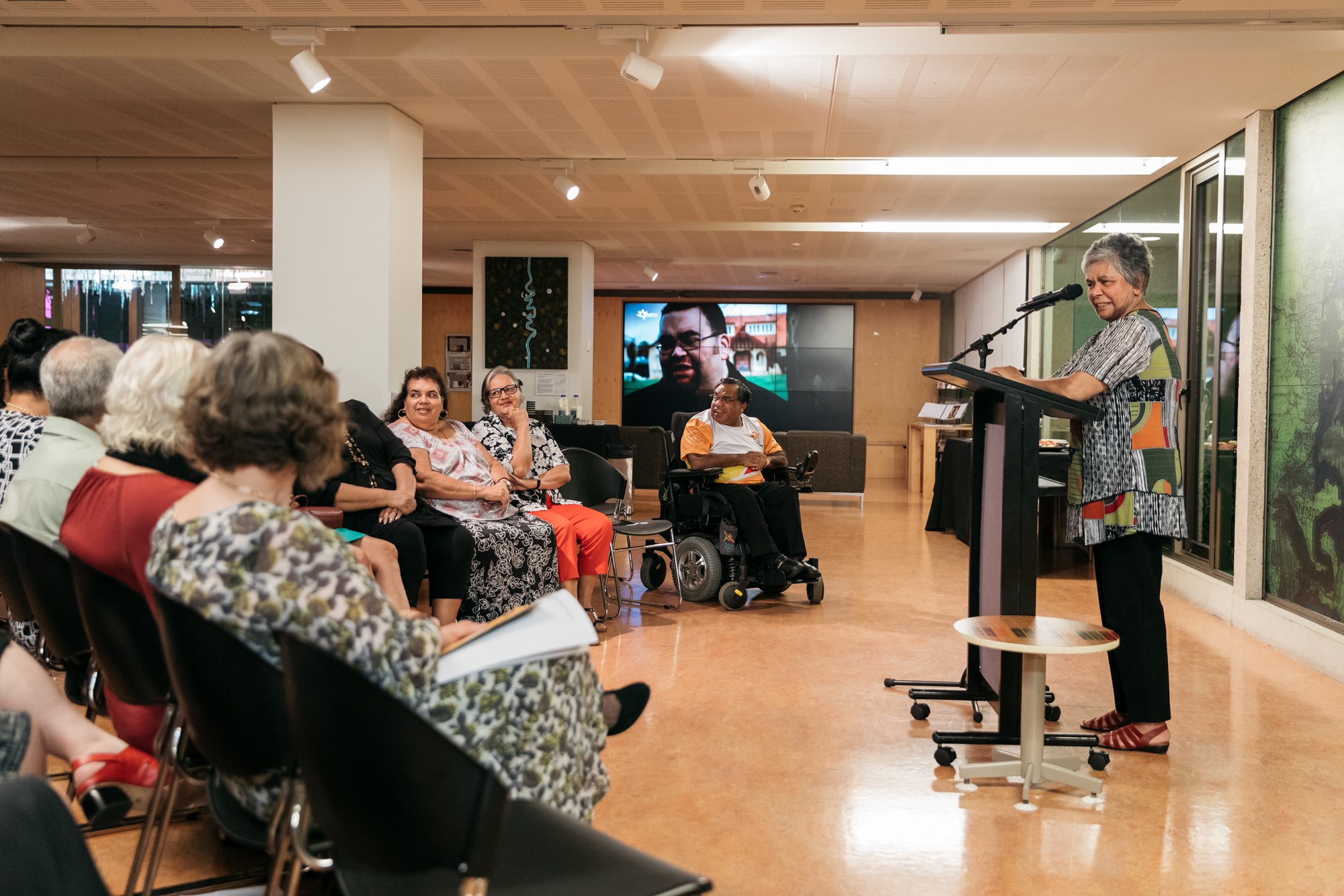 Aunty Lesley Williams speaking at the launch of Our Sporting Greats, 2018.