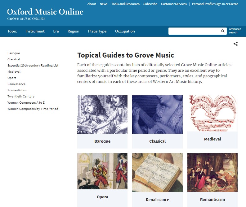 Image from Oxford Music Online database Topical Guides to Grove Music page