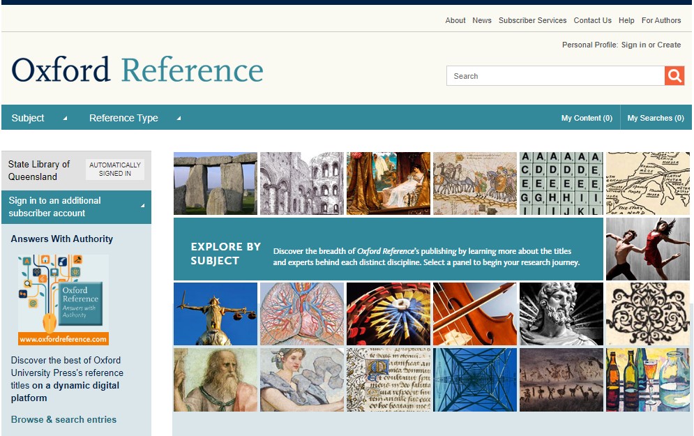 Oxford Reference database home page