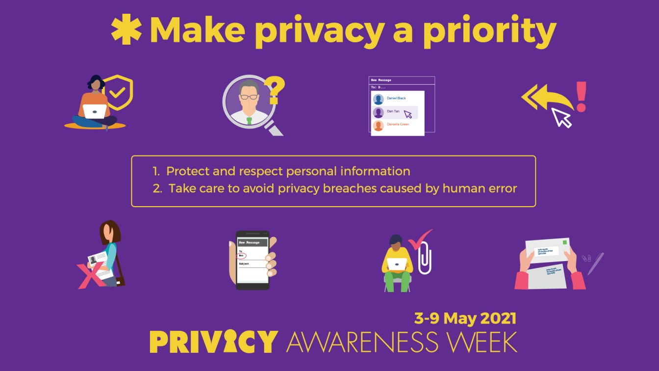 Cartoon images and text relating to protecting your privacy while online. Includes the text Make privacy a priority.