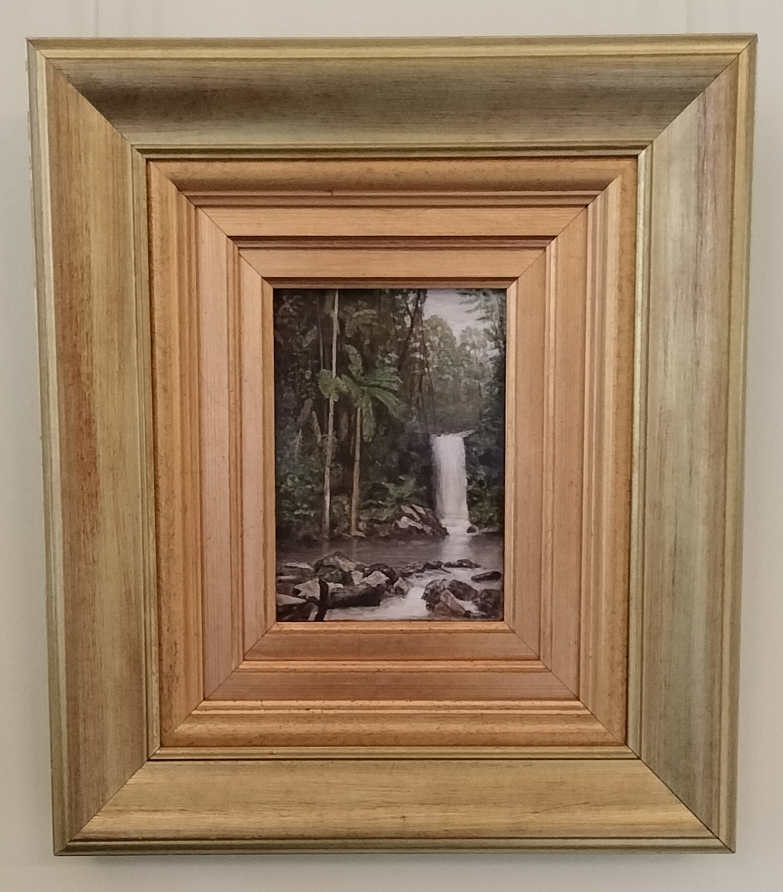 Framed oil painting of waterfall at Tamborine Mountain, Queensland.
