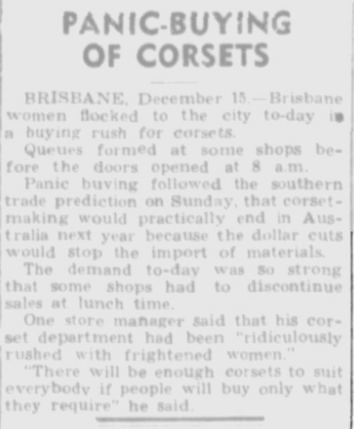 An article from Trove describing women panic buying corsets in Brisbane
