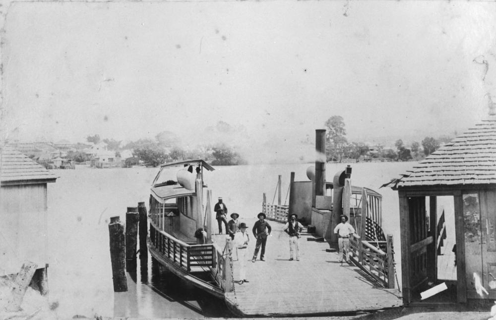 Passengers posing on a ferry at the Edward Street ferry terminal, Brisbane, 1890
