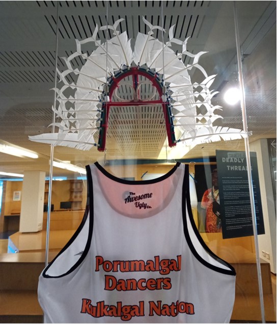 Back view of a dhari (head dress) and dance costume from the Urab dance group of Poruma Island (Coconut Island). The custom hanging system was designed with the assistance of Queensland Museum staff. Exhibition curator, Louise Hunter, consulted on the cultural protocols of how best to display the costume.