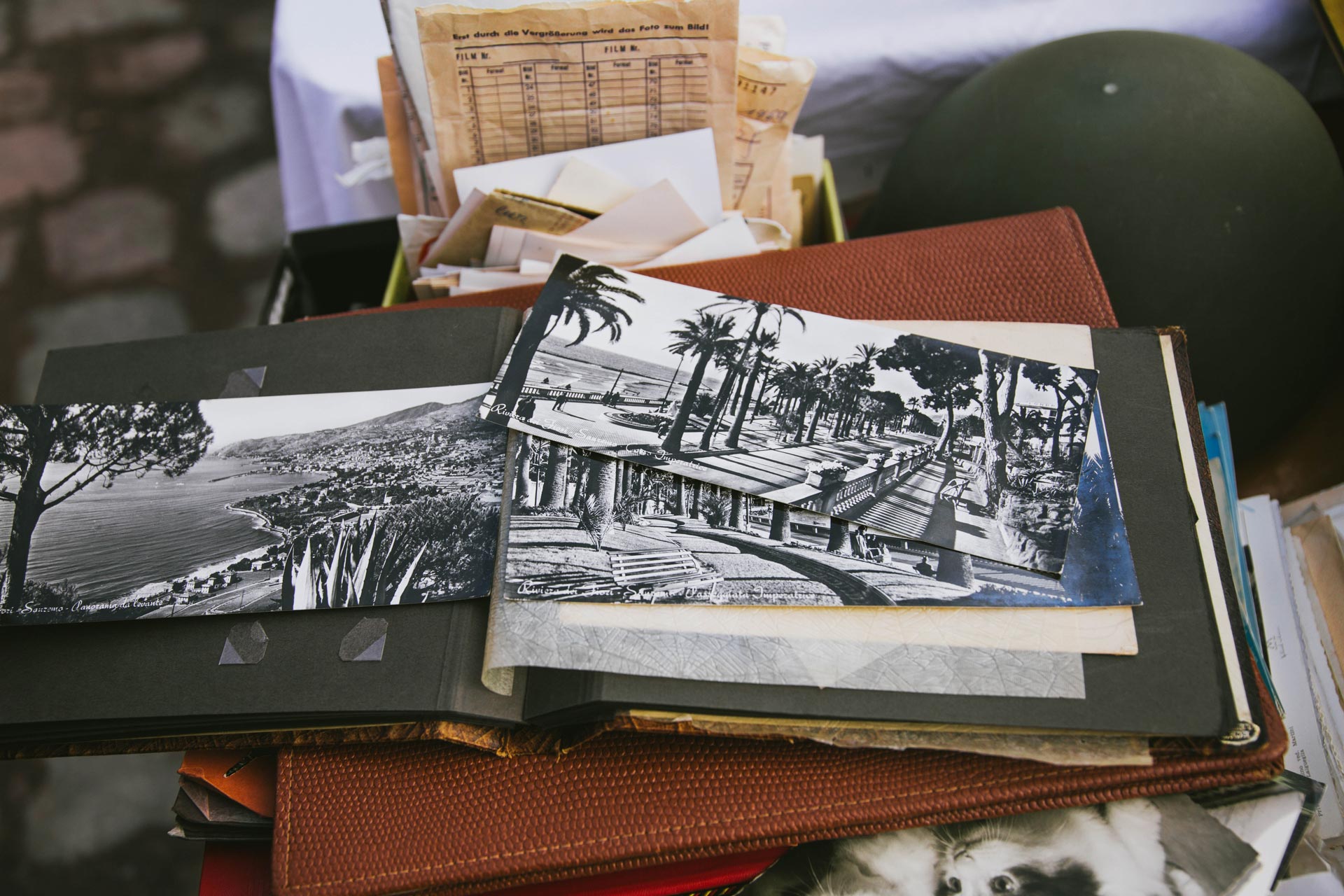 Old photographs in wooden box. 