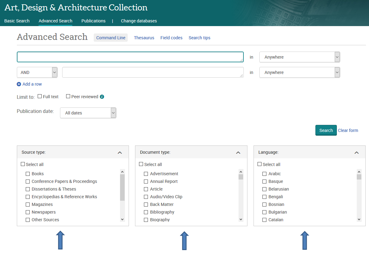 ProQuest Art Architecture and Design search interface