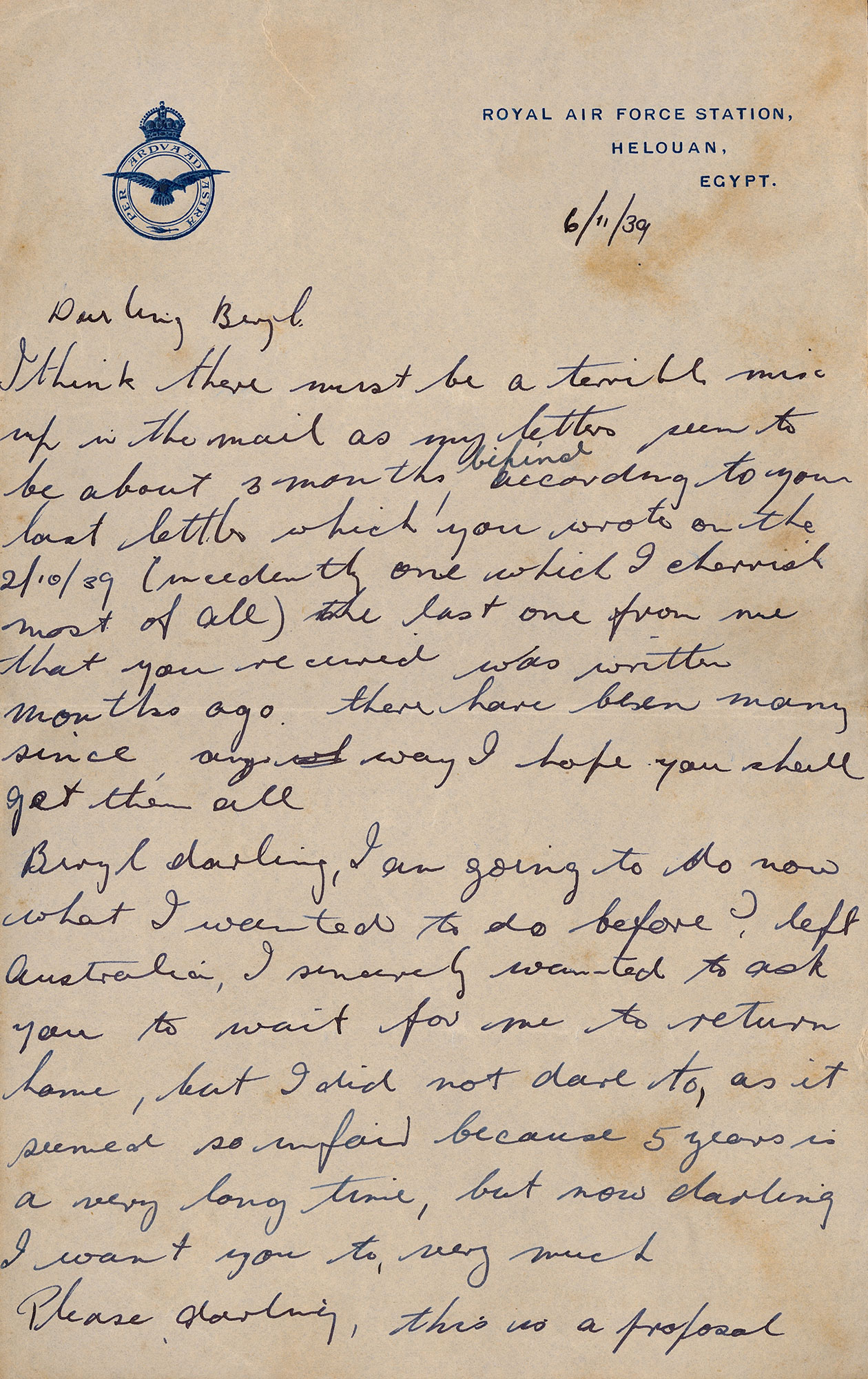 Handwritten letter from Charles Fry to Beryl Smith, 6 November 1939