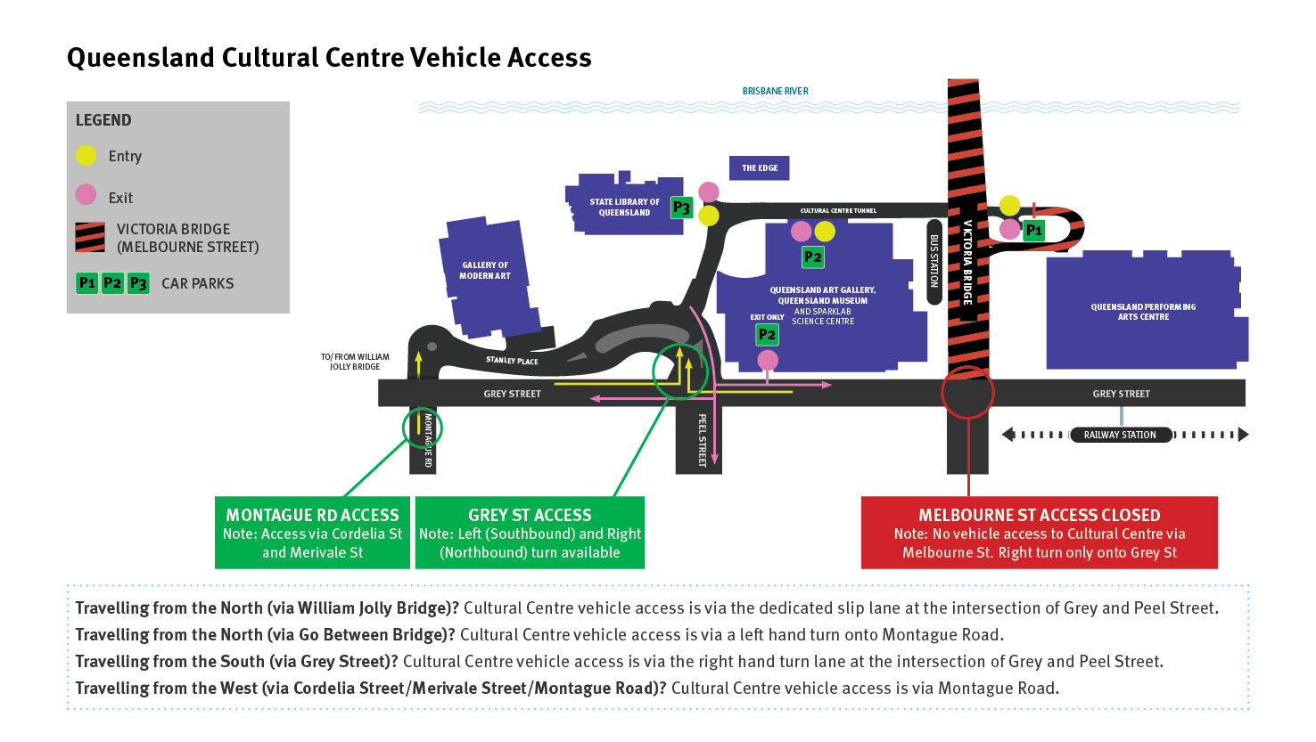 Vehicle access map to the Queensland Cultural Centre carparks.