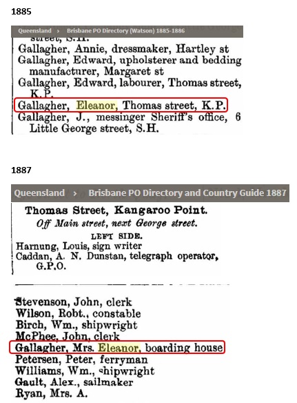 Entries for Eleanor GALLAGHER in the Queensland post office directories for 1885 and 1887