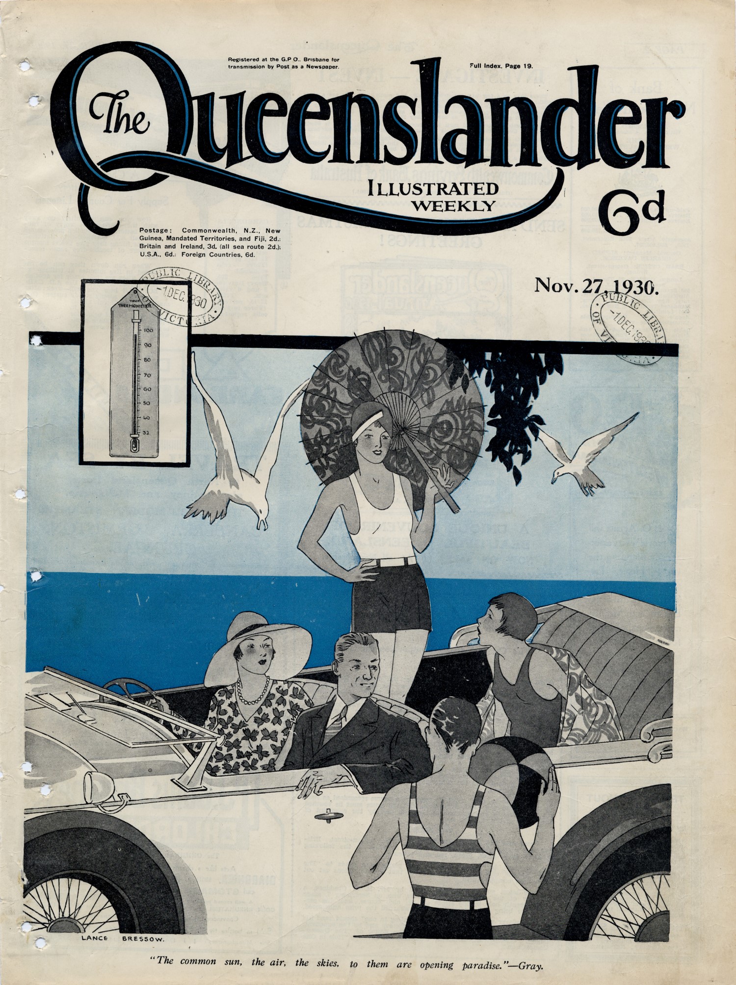 Illustrated front cover of the newspaper "The Queenslander" 27 November 1930.