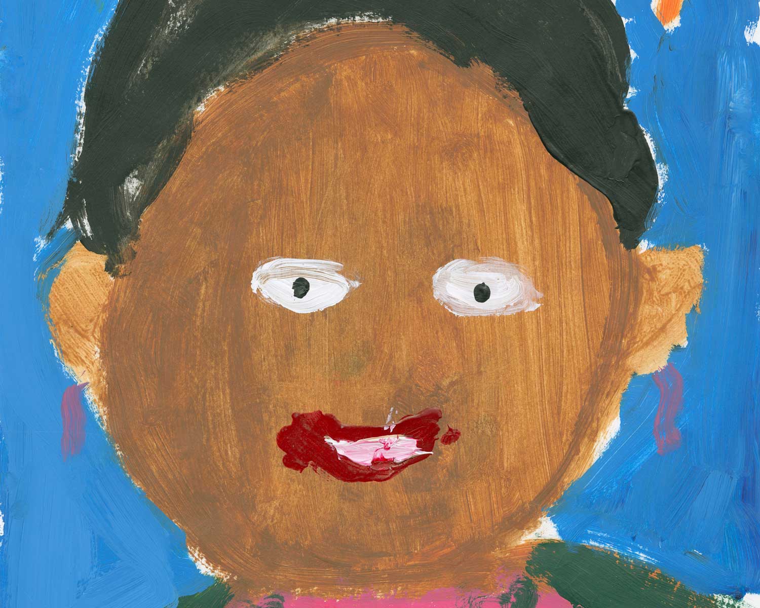 A portrait of a black hair and brown skinned boy wearing a pink and green shirt. The boy is surrounded by a blue background with an orange sun in the top tight corner. 