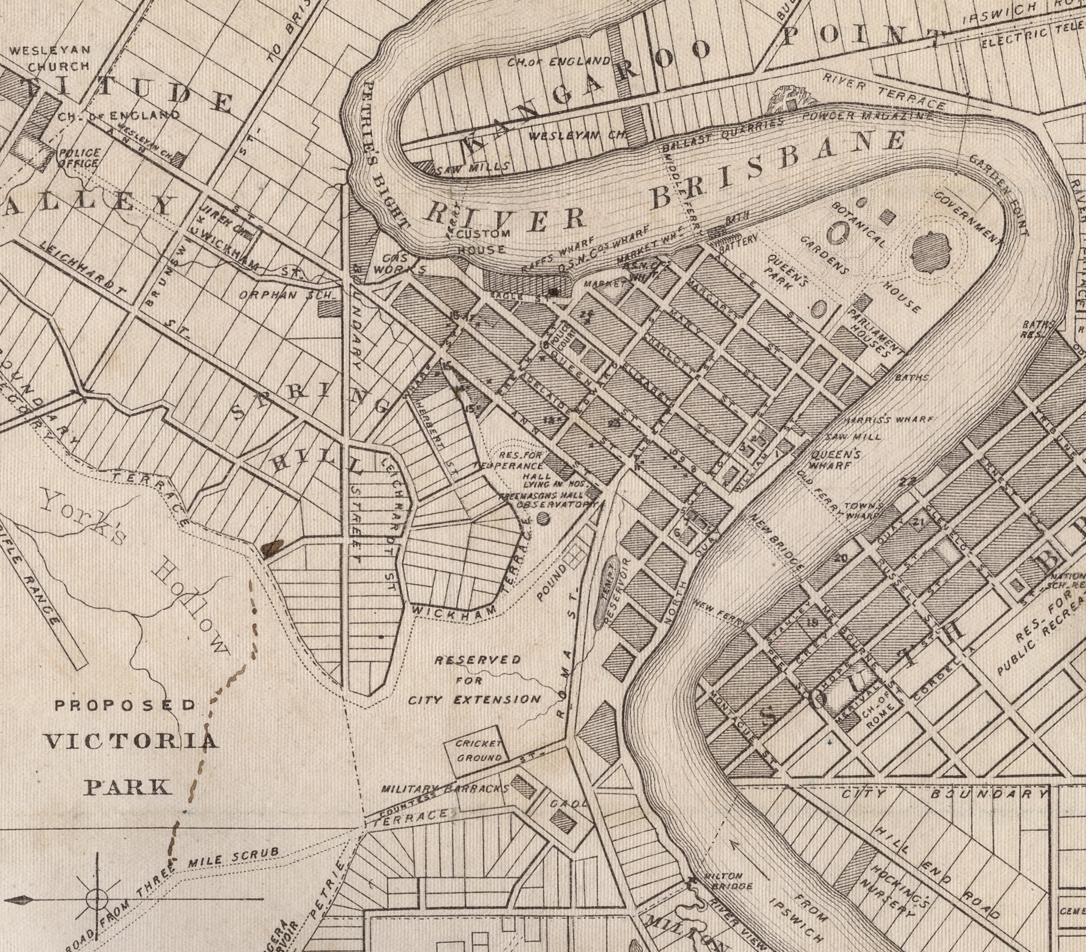 Cropped zoom of 'Slater's Pocket Map of the City of Brisbane, 1865'