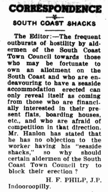 A newspaper article from Trove titled 'Correspondence - South Coast Shacks'