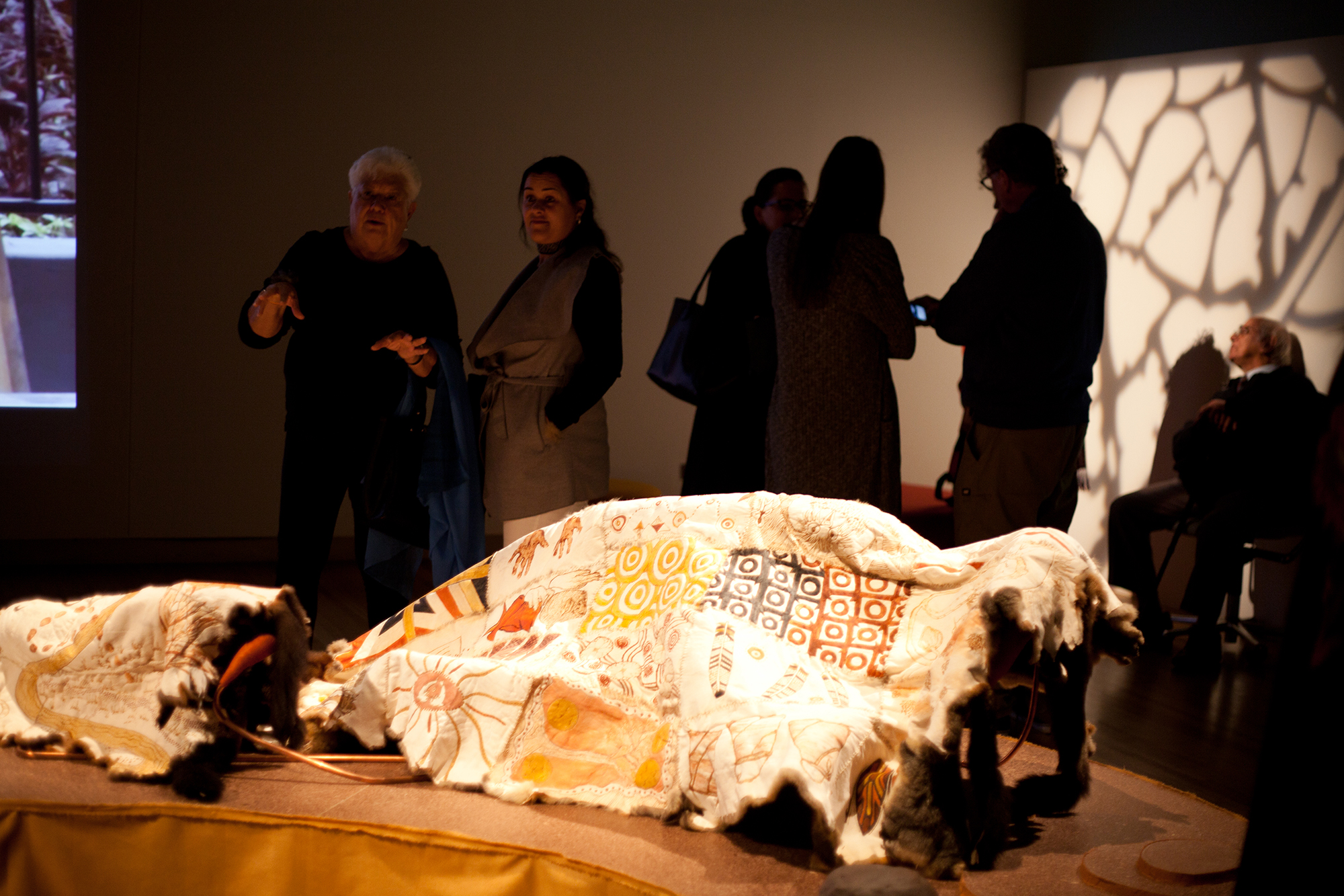 Display of a possum skin cloak at the Art of the Skins exhibition
