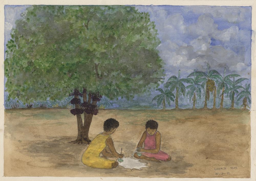 Two children sitting under a tree playing with spinning tops